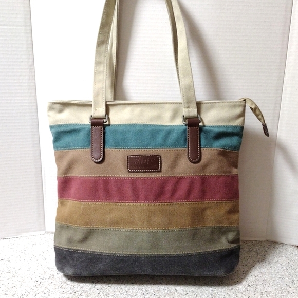 MANJIANGHONG Multi Coloured Striped Canvas Tote Shoulder Bag Casual Handbag - Picture 4 of 9